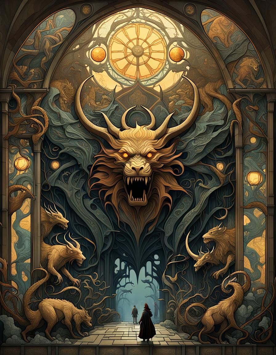 Dark Fantasy Mural of Beast Protecting Humans