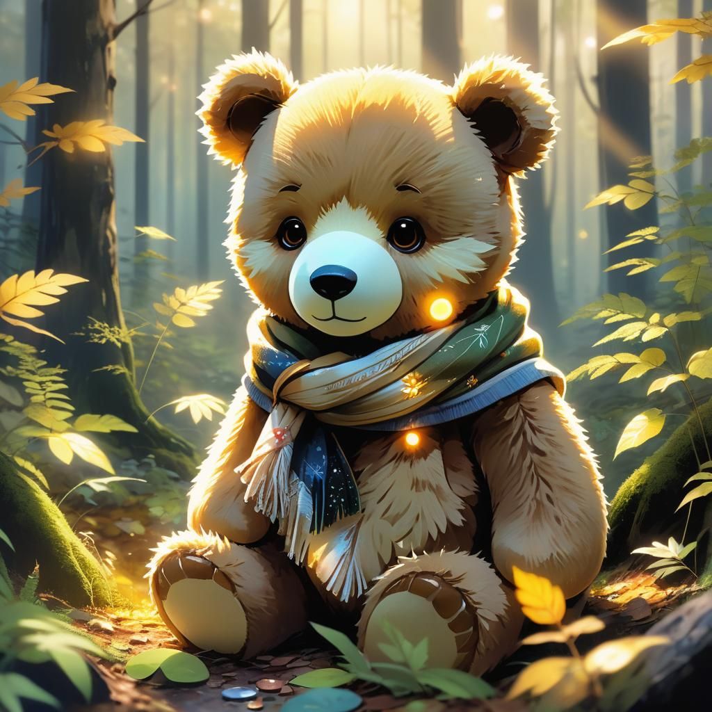 Teddy Bear in Enchanted Forest: Anime Concept Art