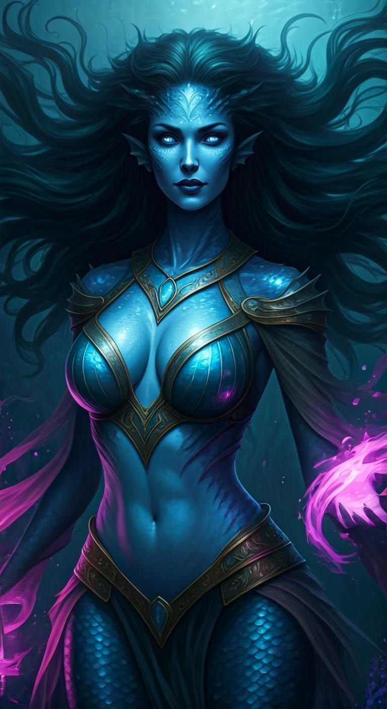 Mystical Triton Sorceress in Deep Blue Hues and Violet Magic