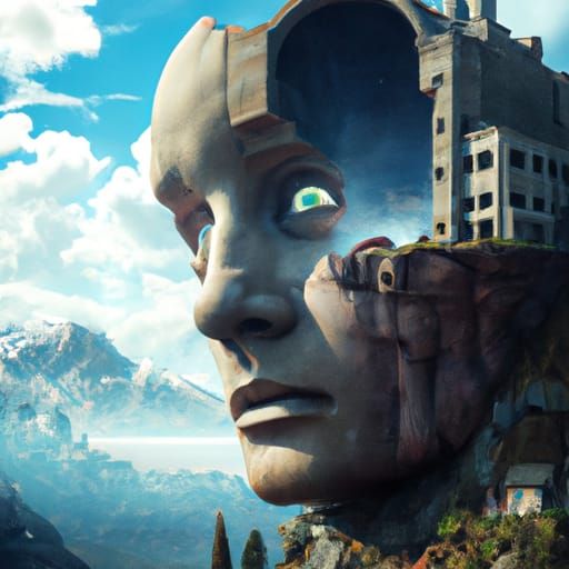 Surreal Mountain Head Statue with Castle: Photorealistic Art