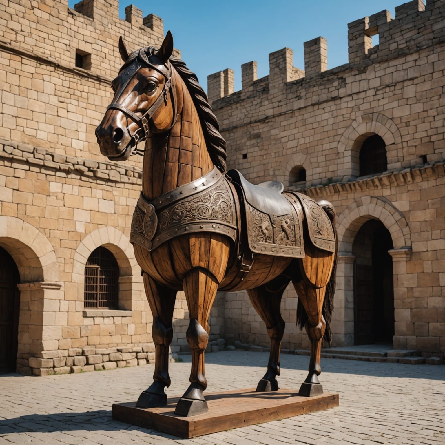 Monumental Wooden Horse Before Ancient City Walls