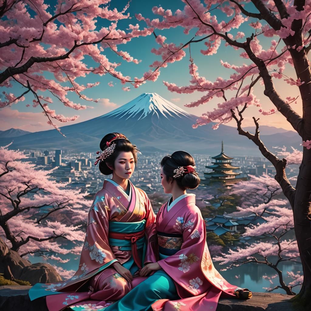Geisha Under Cherry Blossom Near Mount Fuji