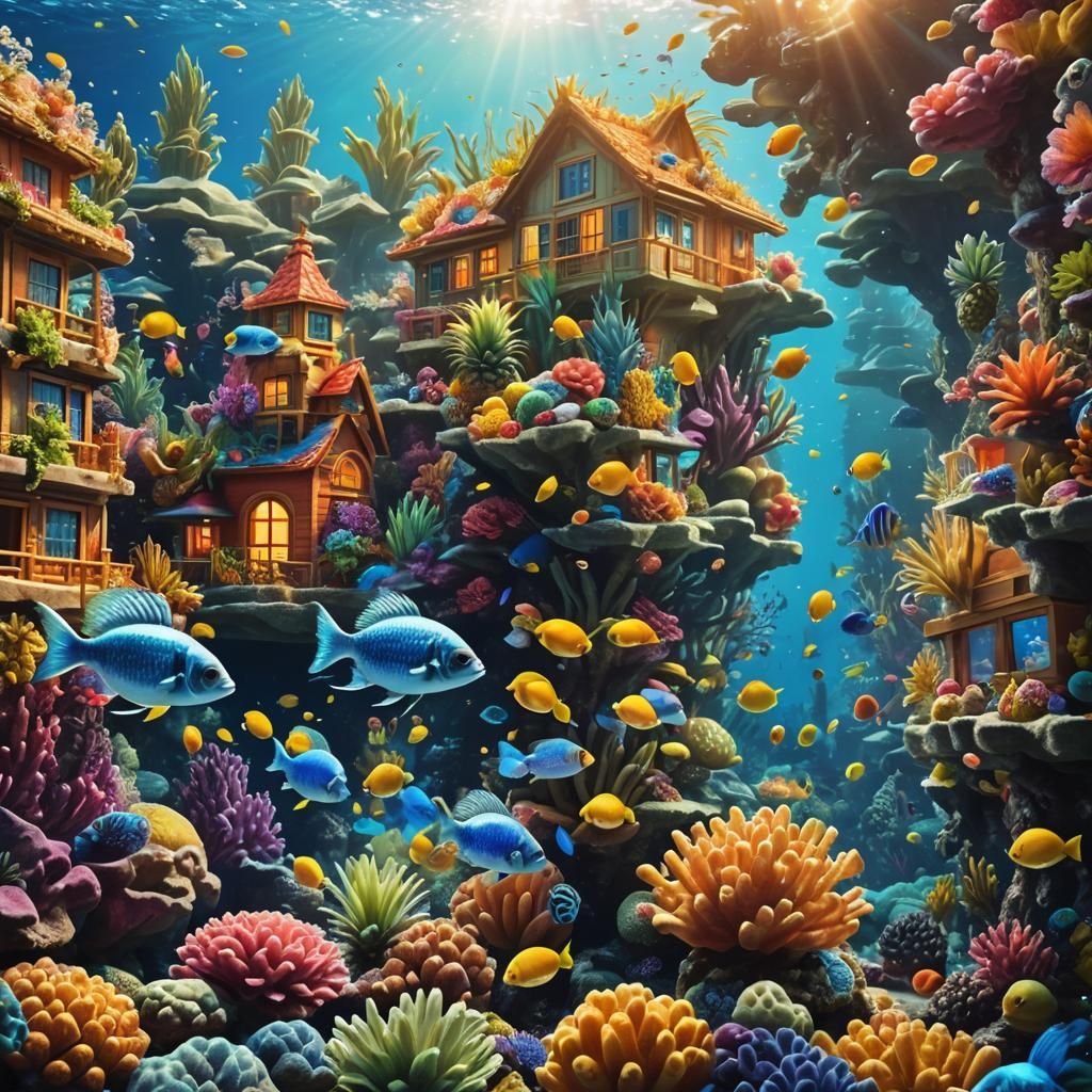 Vibrant Underwater Cityscape with Fruit Houses