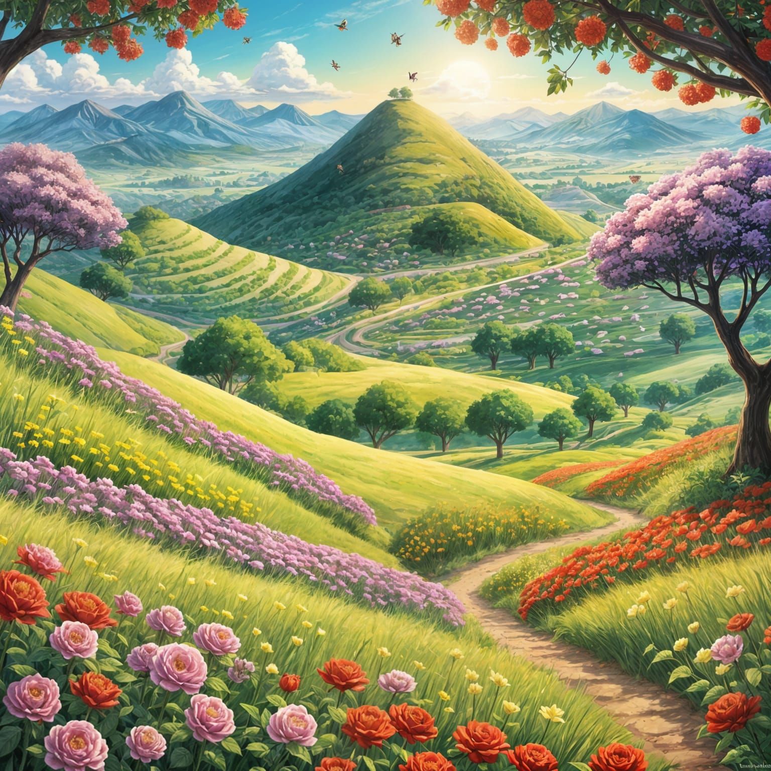 Vibrant Meadow with Blooming Hills, Anime Style