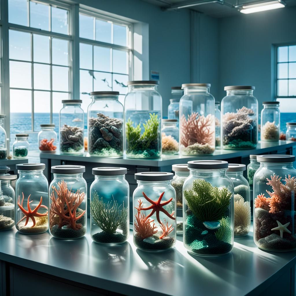 Marine Life in Glass Jars on Laboratory Table