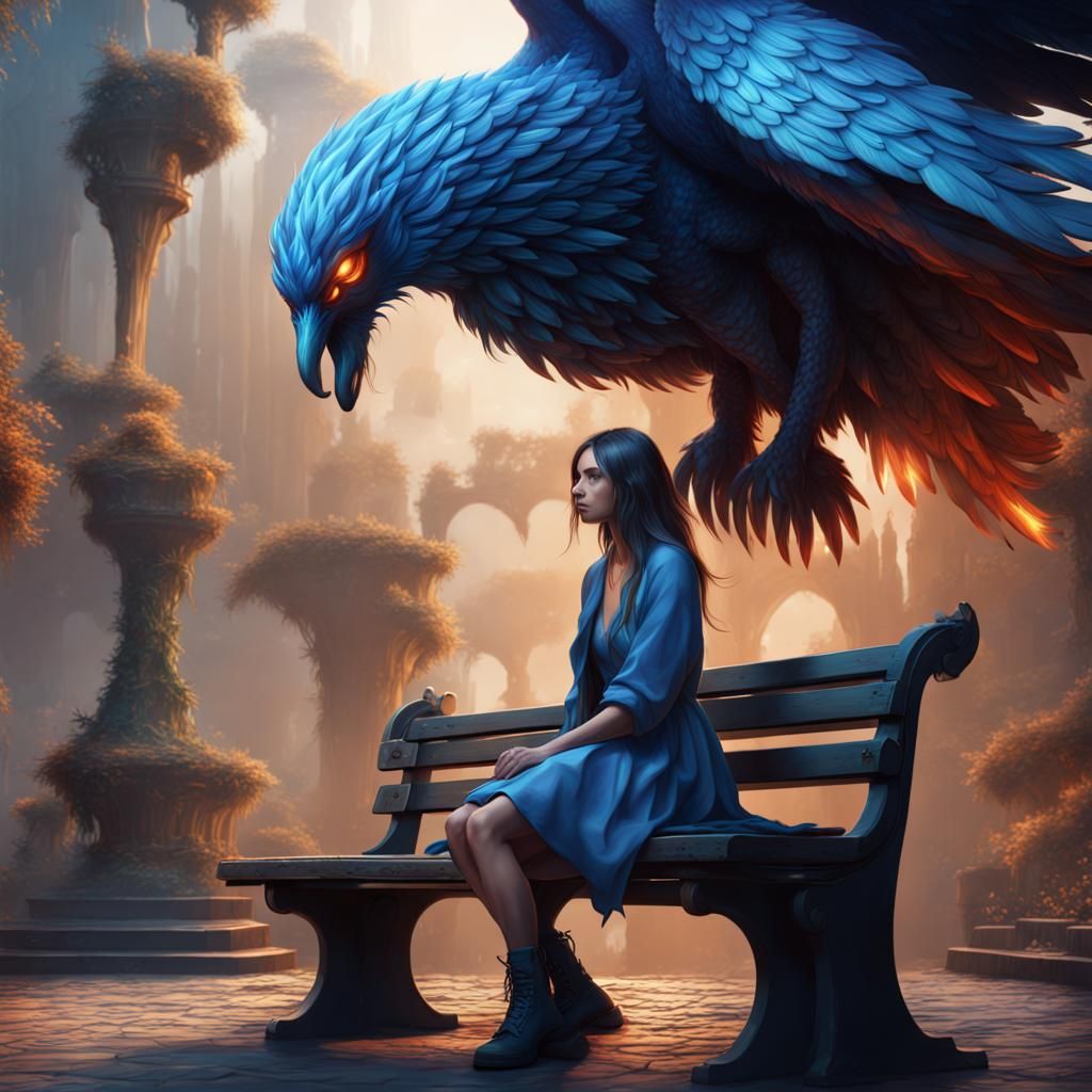 Girl with Blue Phoenix: Fantasy Concept Art