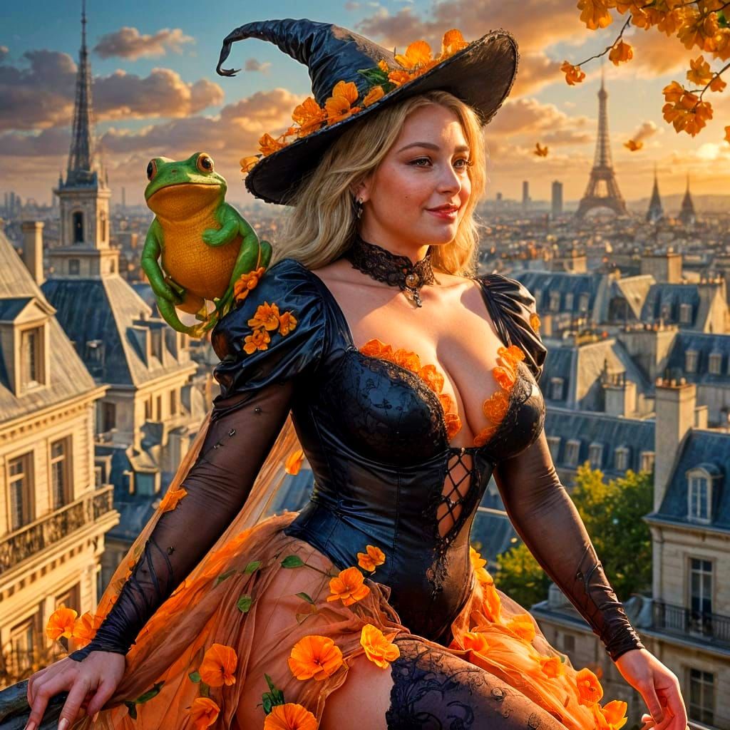 Chubby French Witch Flies Frog over Paris