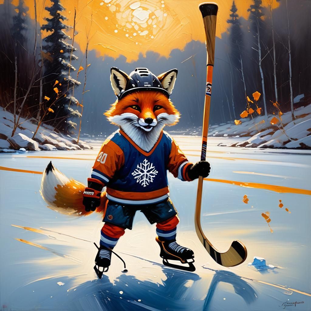 Fox Plays Hockey in Impressionist Oil Painting
