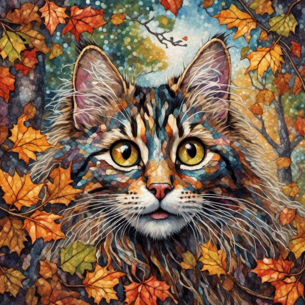 close-up portrait, a frightened long-haired tabby cat is cap...