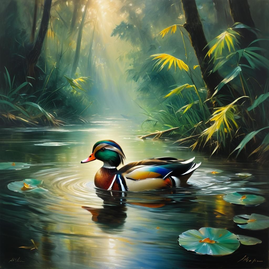 Mandarin Duck in Forest River, Old Masters Style