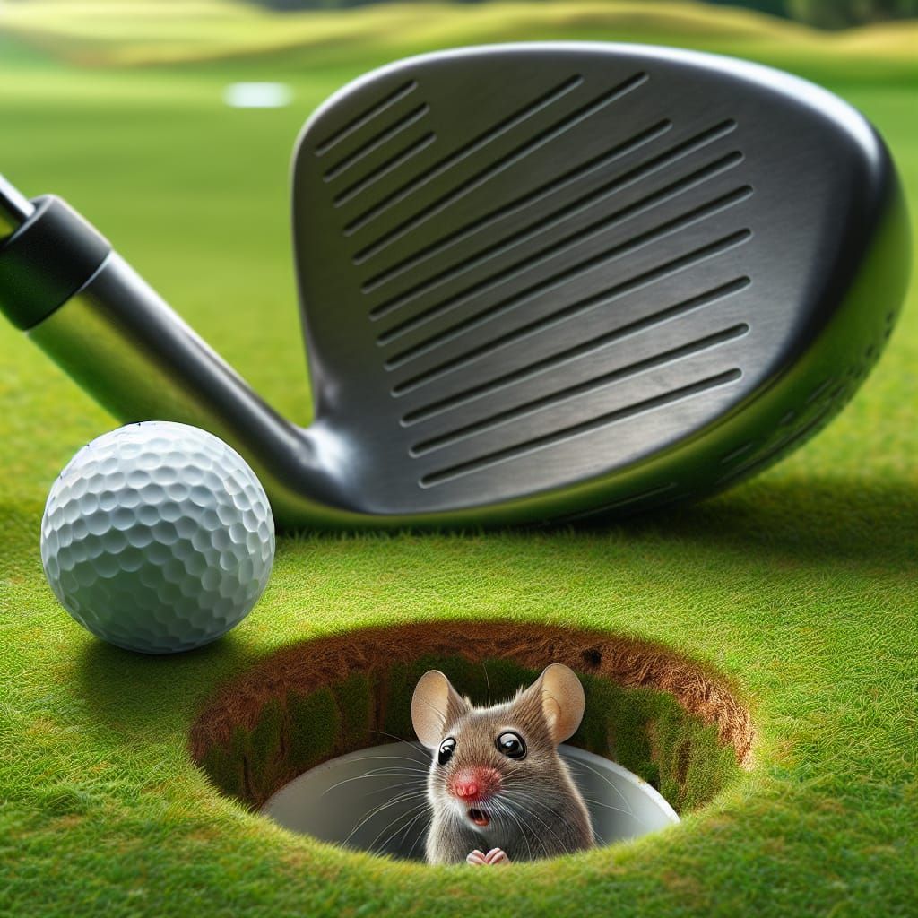 Startled Mouse on the Golf Course: Hyperrealistic Moment