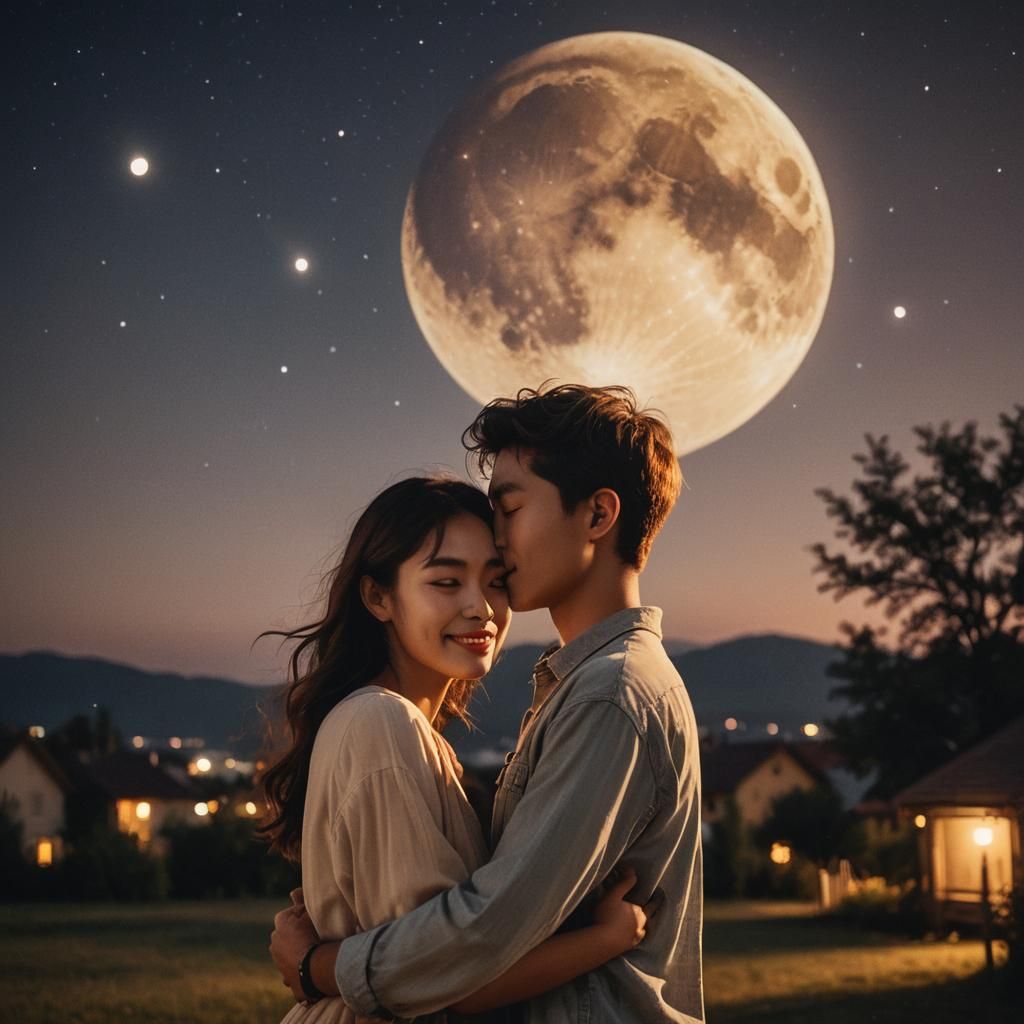 Romantic Embrace Under Moonlight: Cinematic Film Still