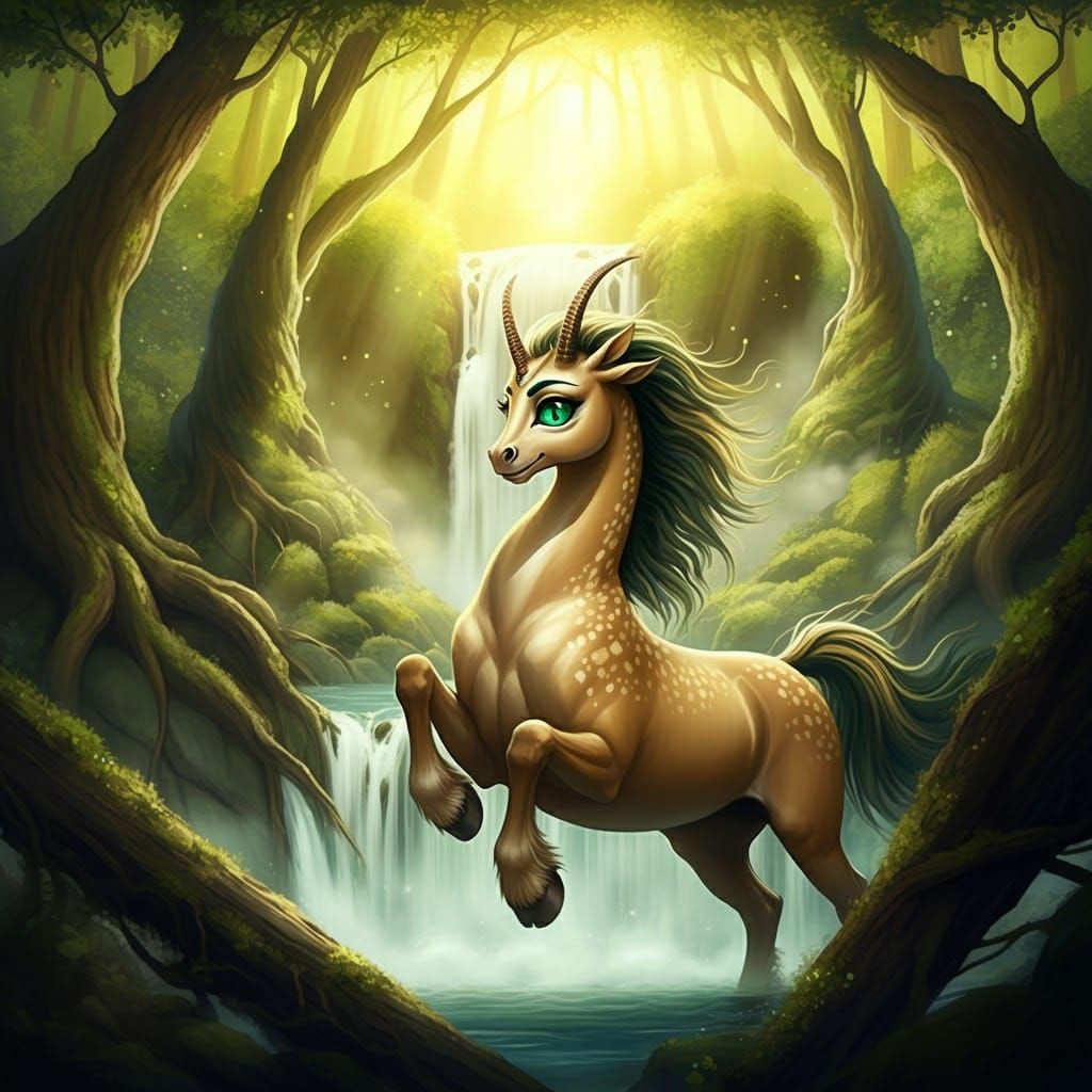 Female Cyclops Centaur at Waterfall in Dreamlike Style
