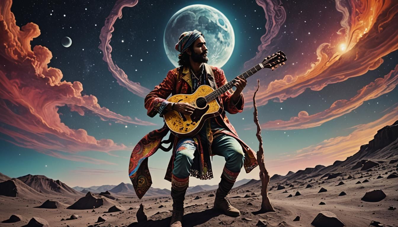 Gypsy Guitarist on the Moon in Surrealist Space Art
