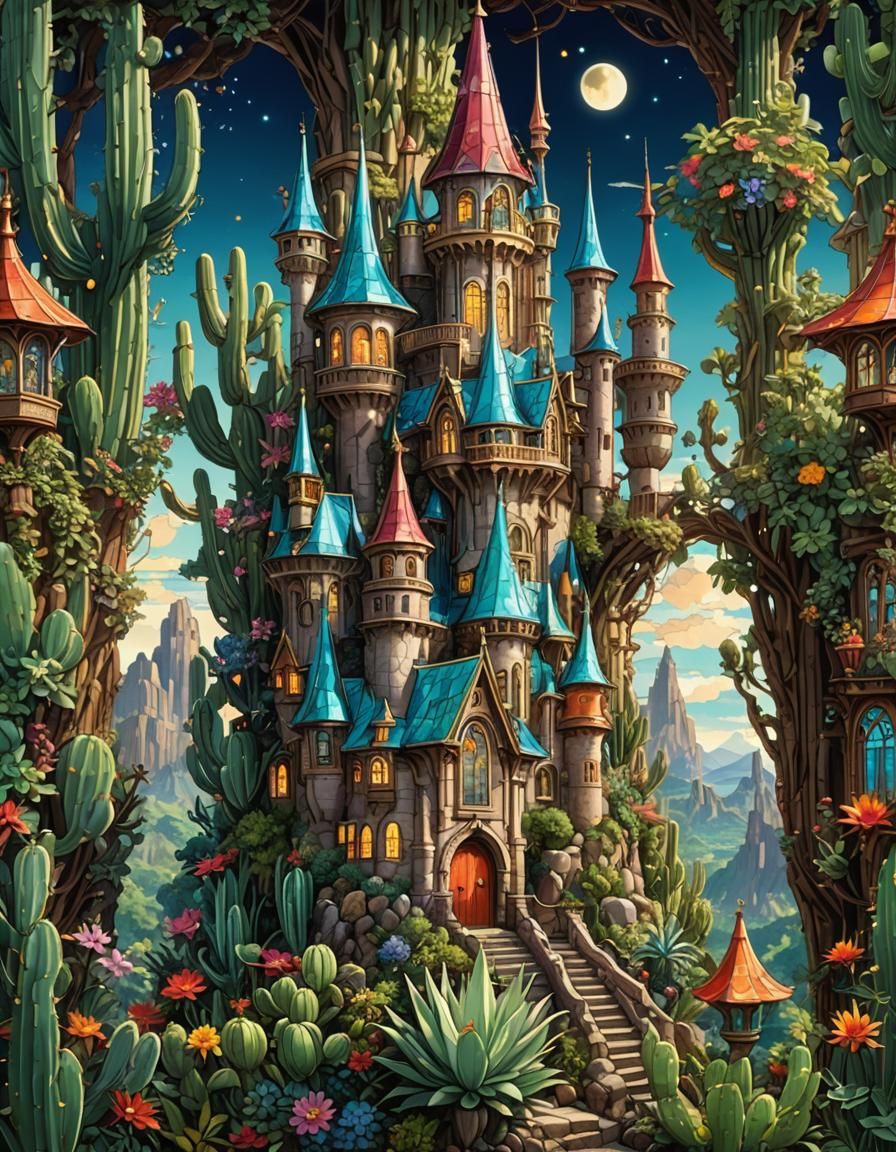 Enchanted Fairy Castle on a Majestic Cactus in Vibrant, Drea...