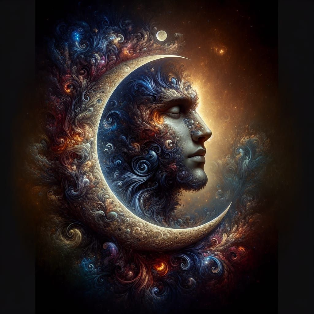 Detailed Matte Painting: Man and Crescent Moon Fusion
