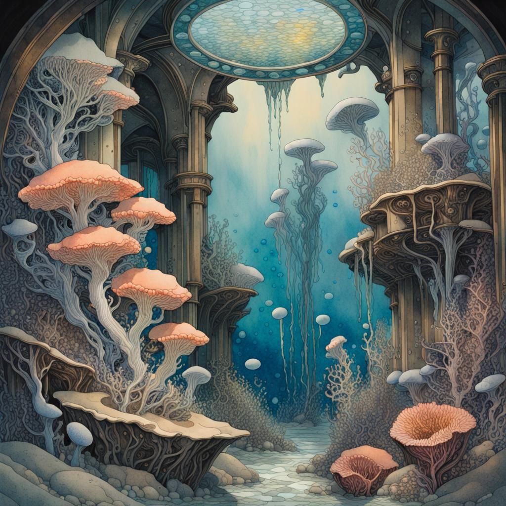 Aquatic Alien Citadel in Watercolor Style