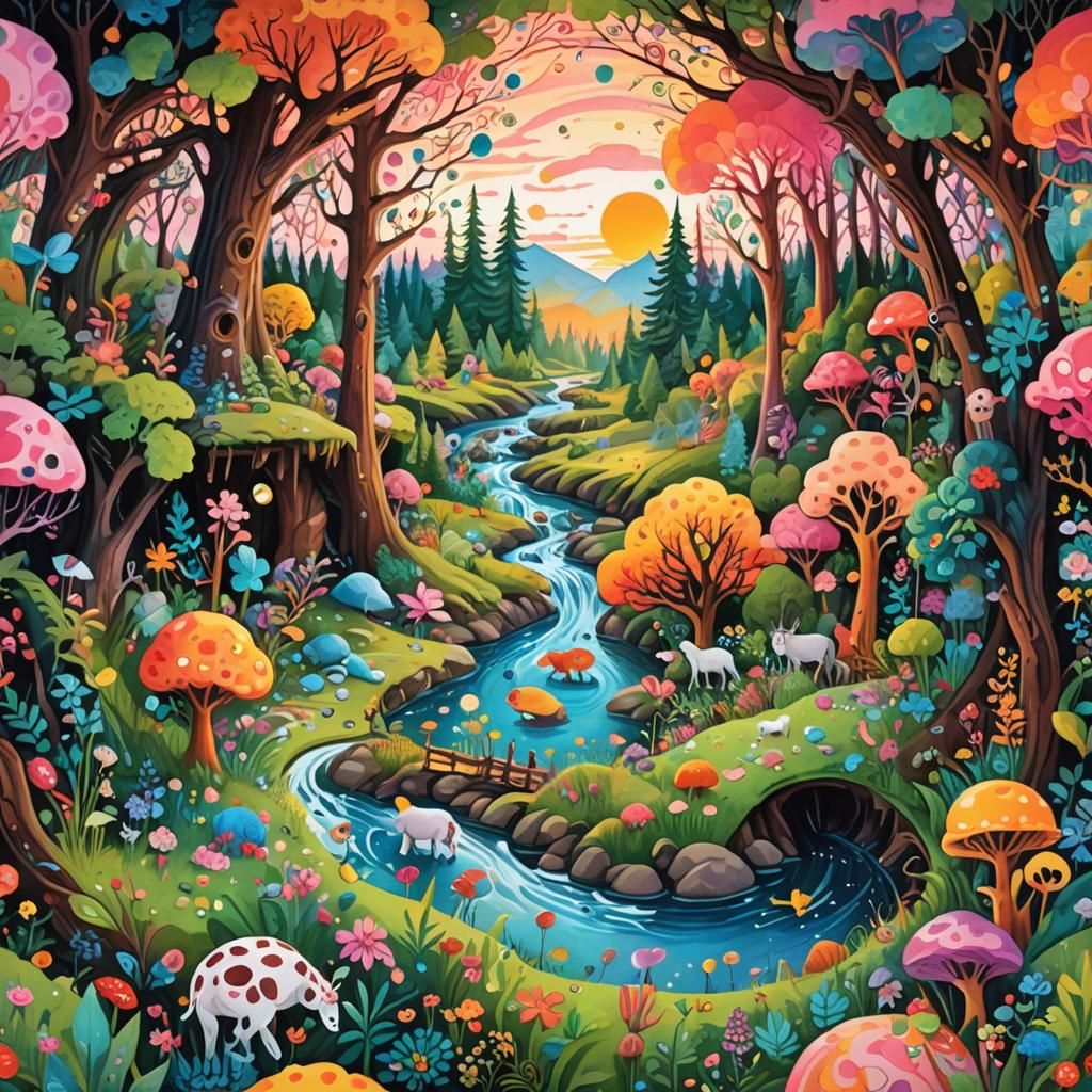 Forest in Sphere: Animals, River, Sunset, Gouache