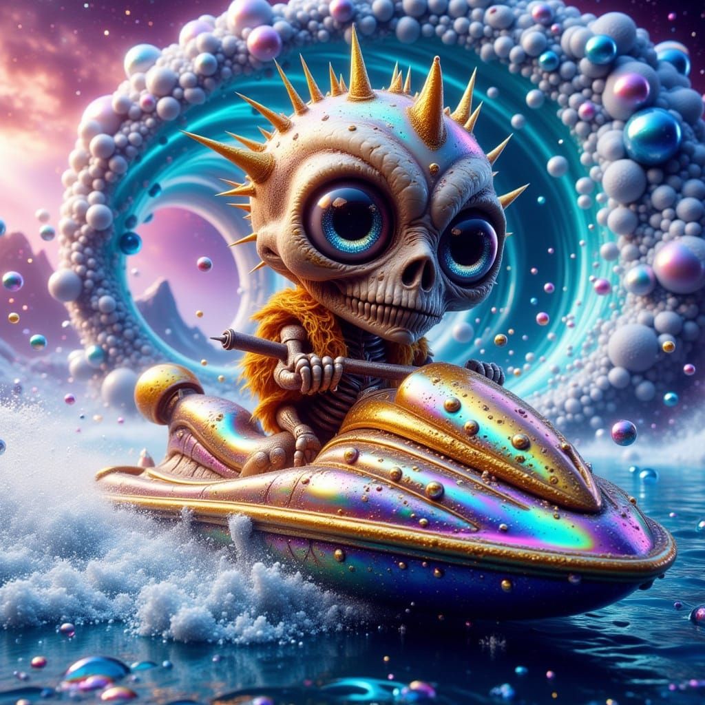 Gilded Skeleton on Jetski in Futuristic Landscape