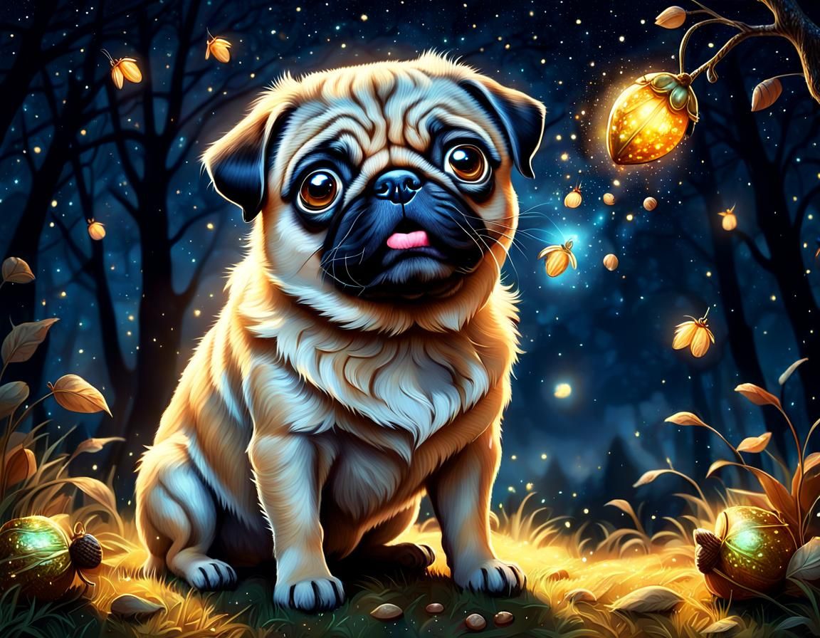 Cute Pug with Glowing Acorn in Whimsical Forest
