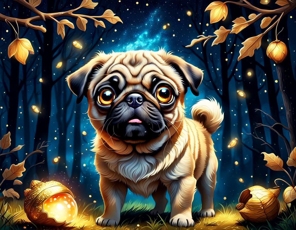 Adorable Pug with Magical Acorn in Whimsical Forest