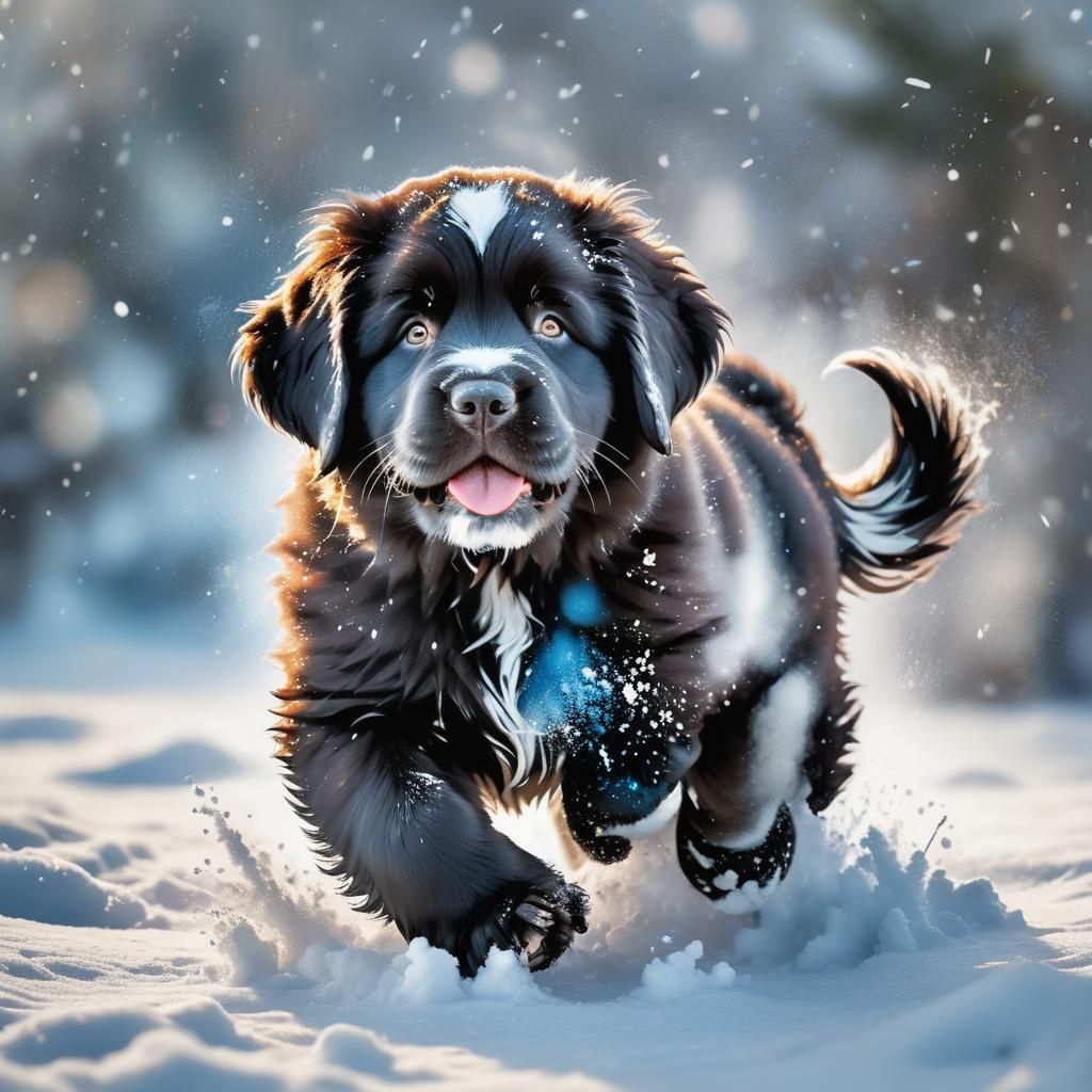 Black Newfoundland Puppy Plays in Snow: Hyperrealistic Art
