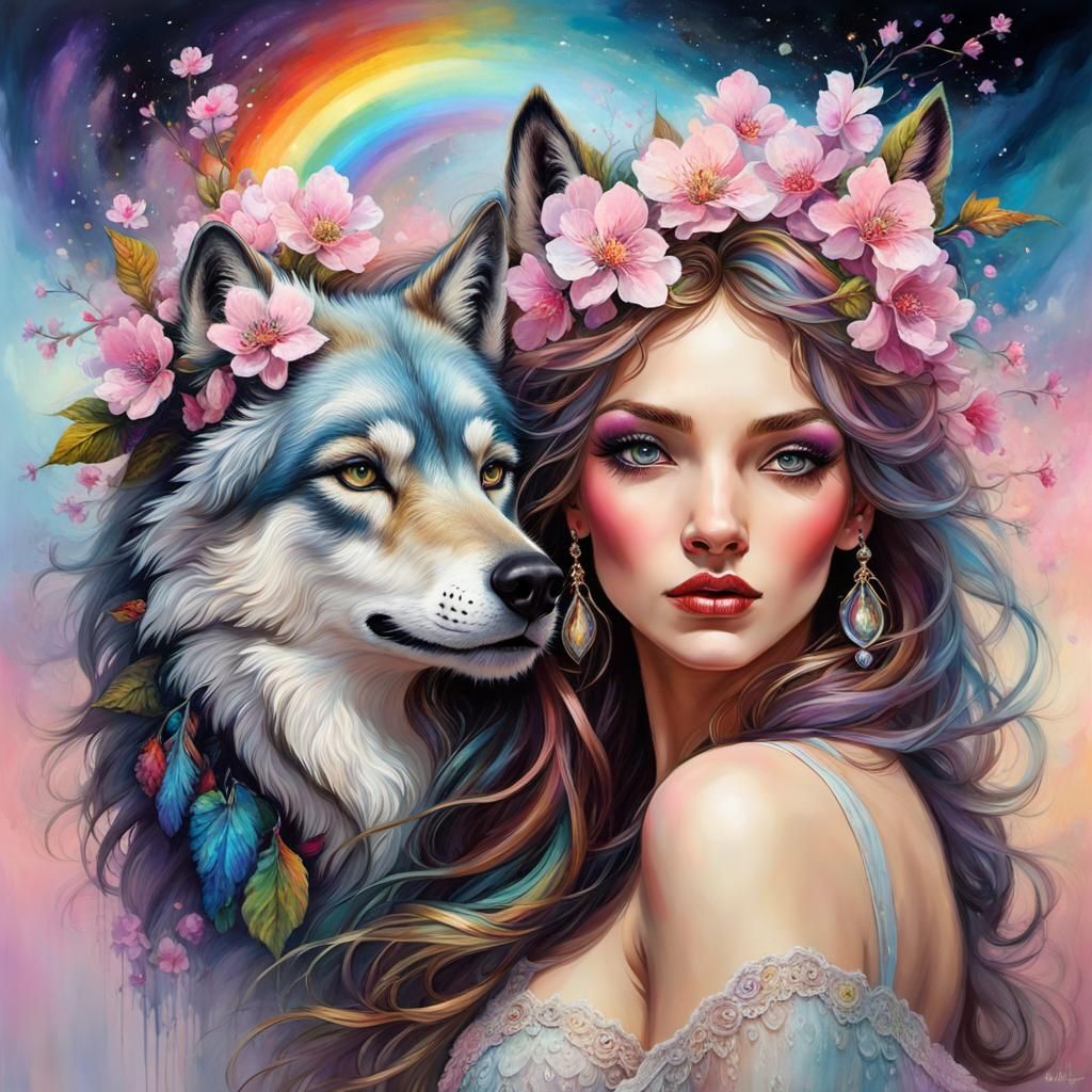 Wild girl and a wolf, face portrait