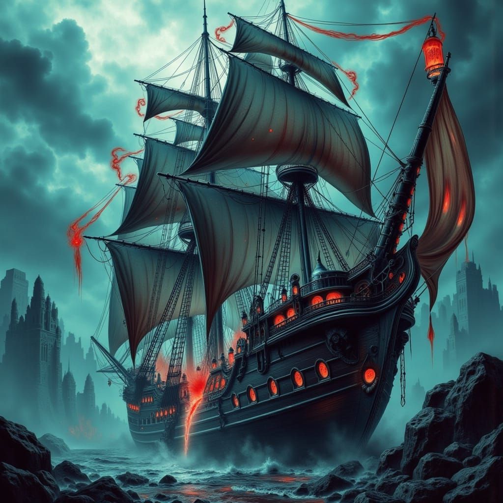 Demonic Pirate Ship in Cyberpunk Horror Style