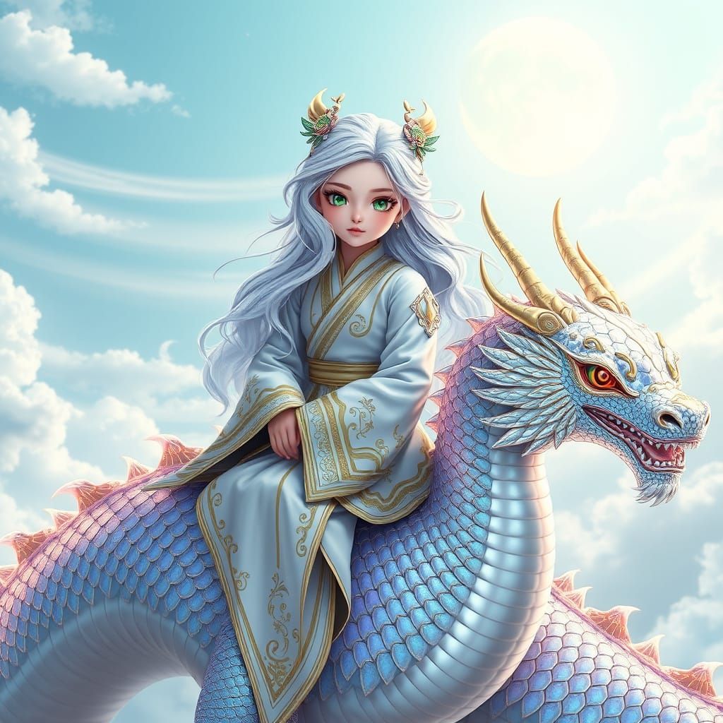 Girl in Elegant Hanfu Sits Serenely on Majestic Flying Drago...