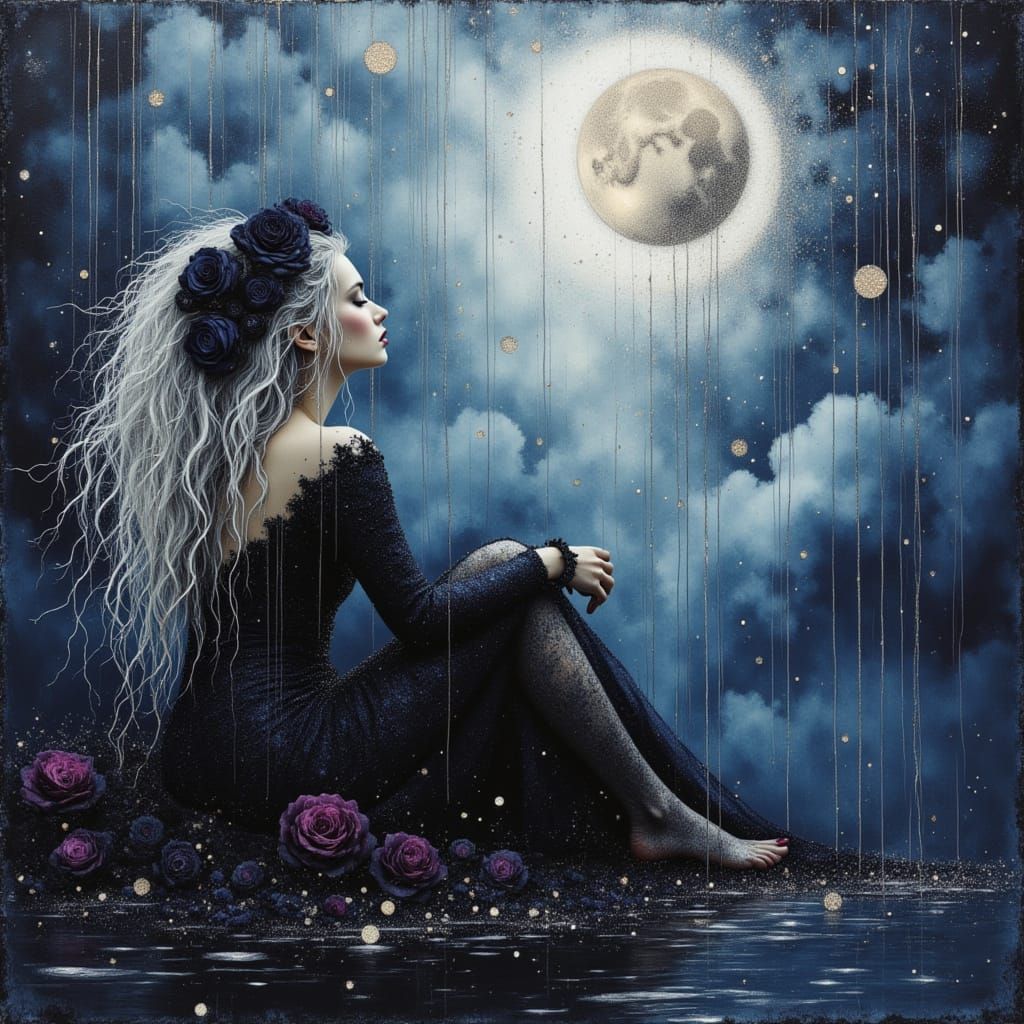 Woman Gazing at Bloody Moon in Dreamlike Digital Art