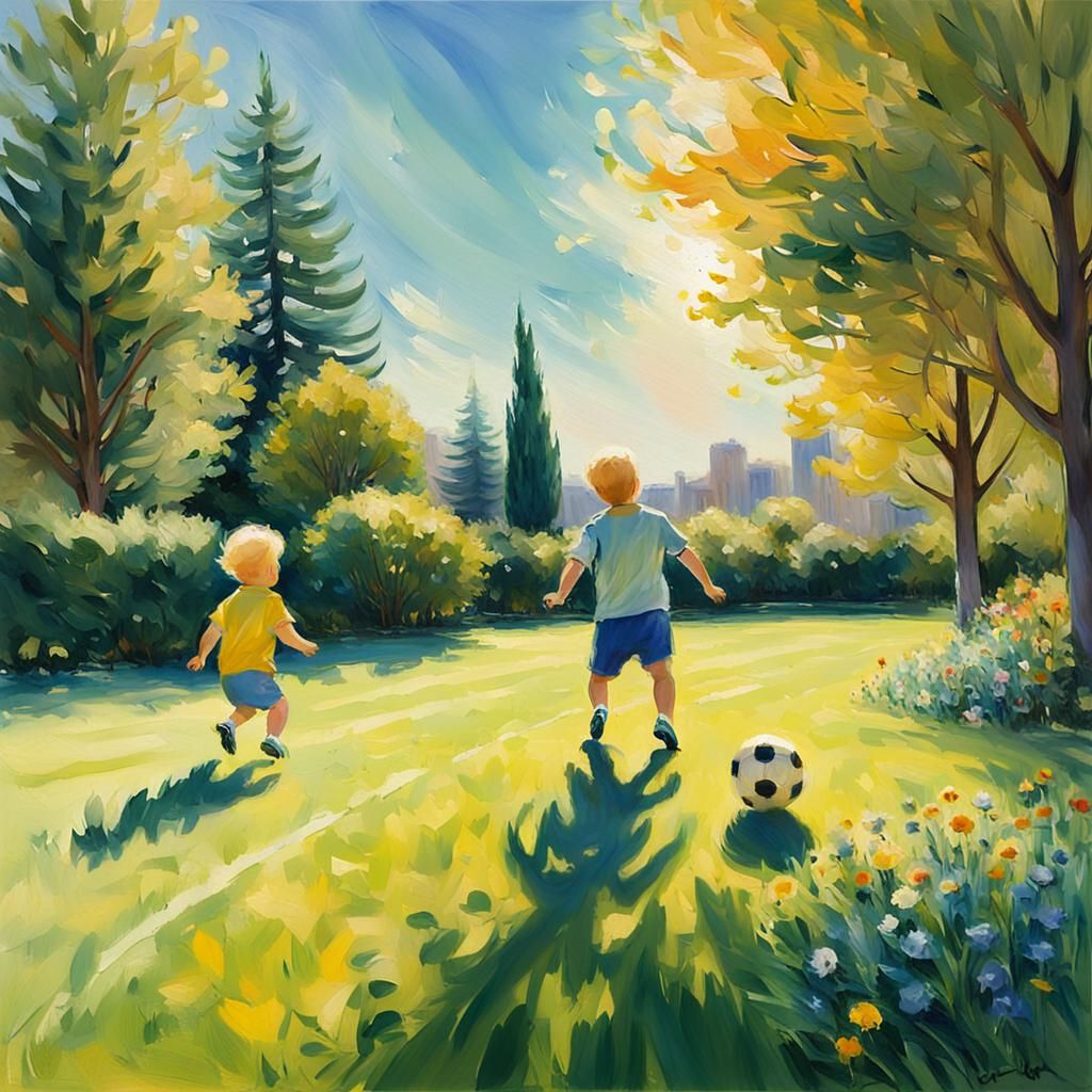 Impressionist Painting of Father and Son Playing Football