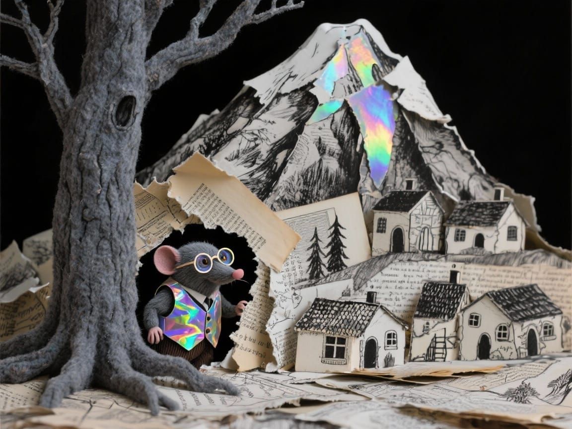 Mole Village on Mountain of Book Pages in Mixed Media Style