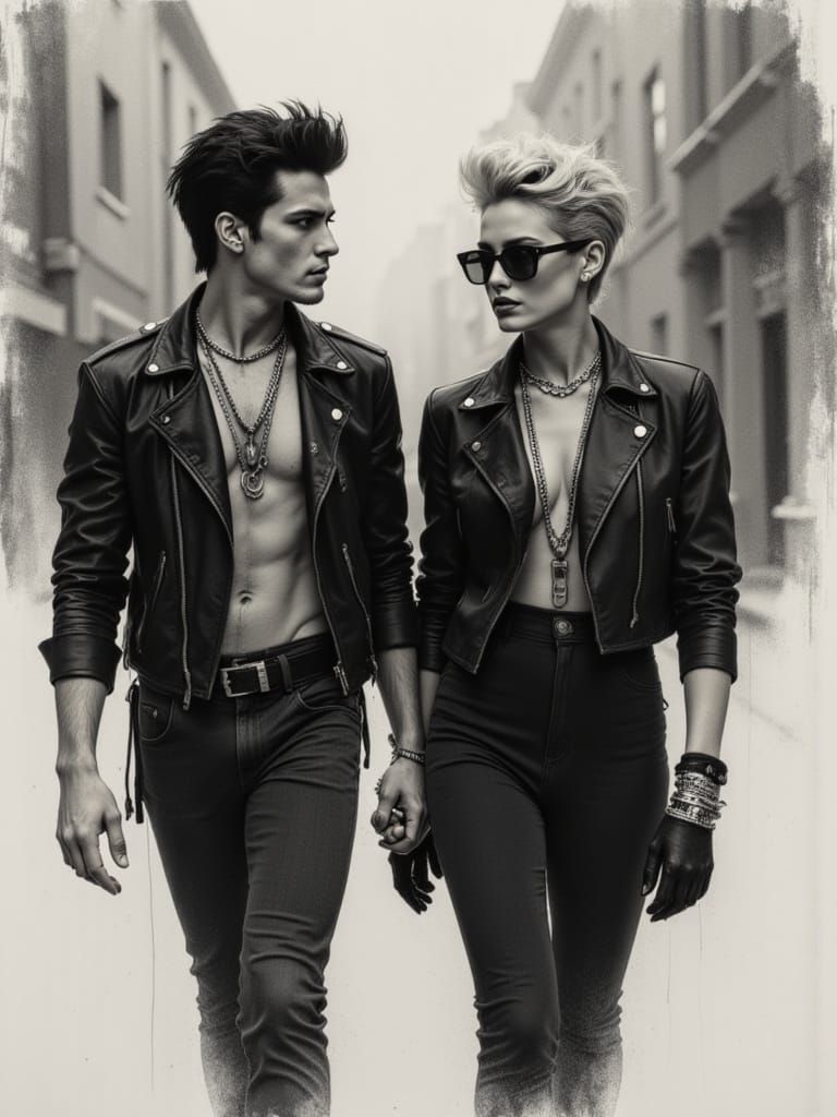 Edgy Couple in Urban Fashion, Charcoal Sketch