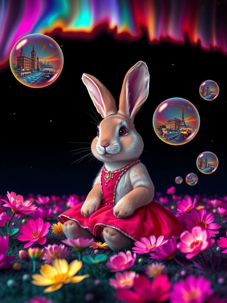 Chubby Rabbit in Neon Meadow Under Aurora Sky