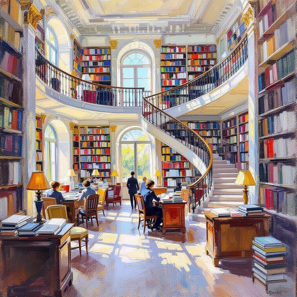 Elegant Impressionist Library Interior with Spiral Staircase