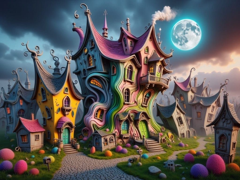 Village of Whimsical Houses in Rose and Golden Yellow, Under...