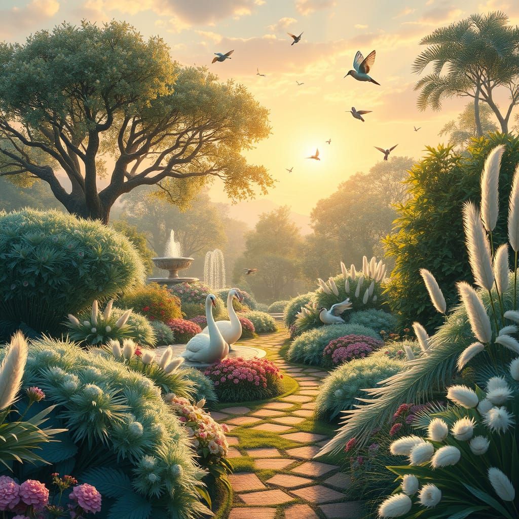 Feather Fantasy Garden at Sunrise: Botanical Art