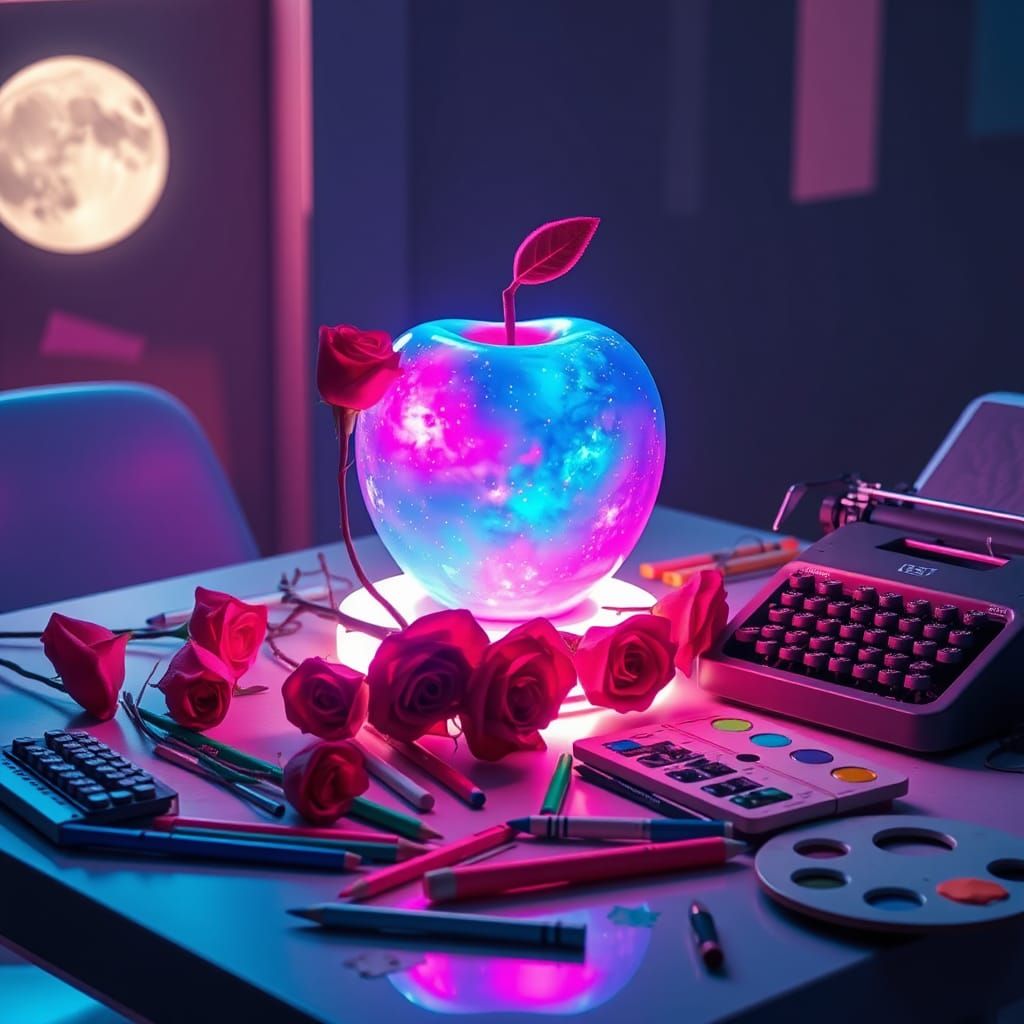 Neon Galaxy Apple with Roses in Synthwave Style