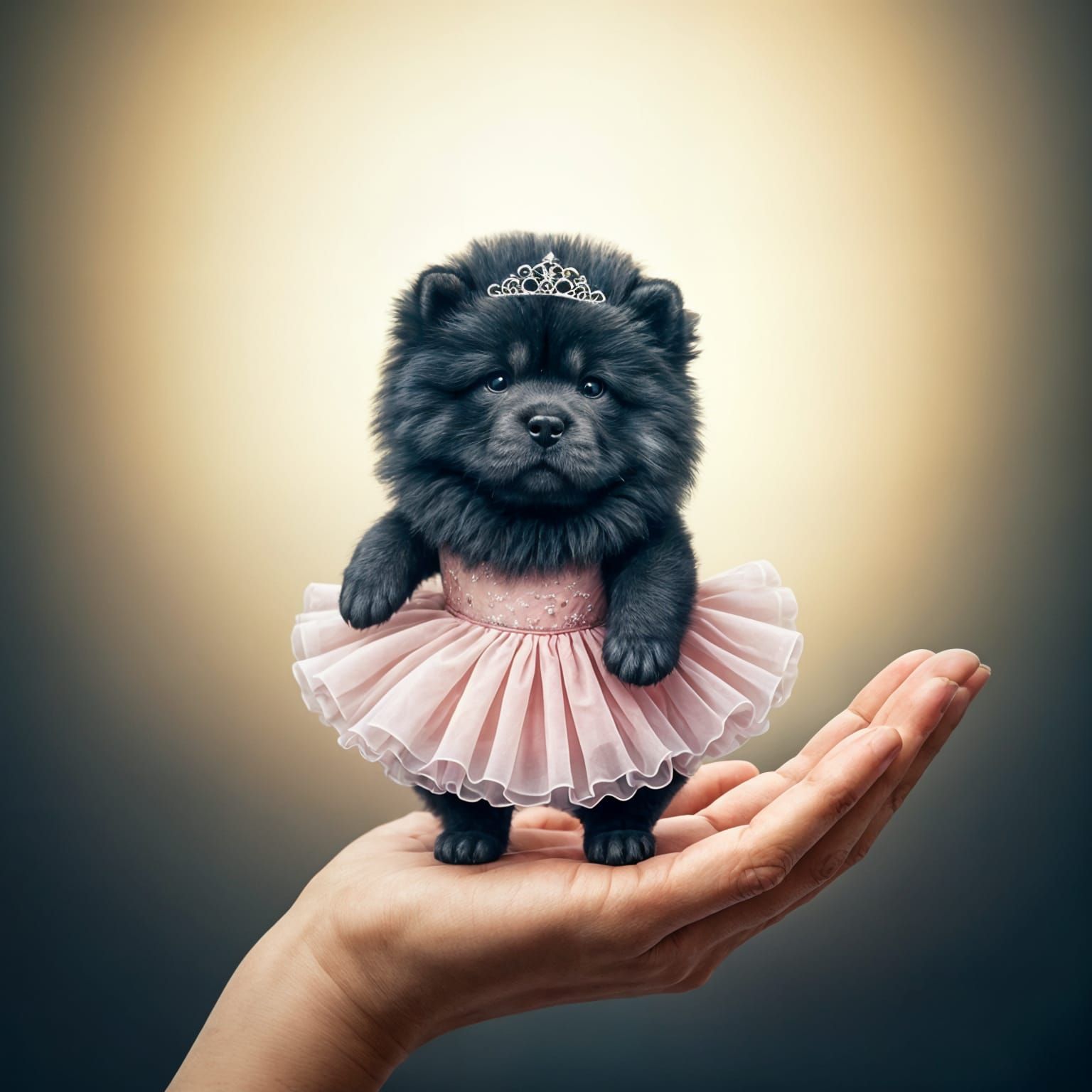 Tiny black Chinese Chow Chow in a pink ballet dress. Dancing...