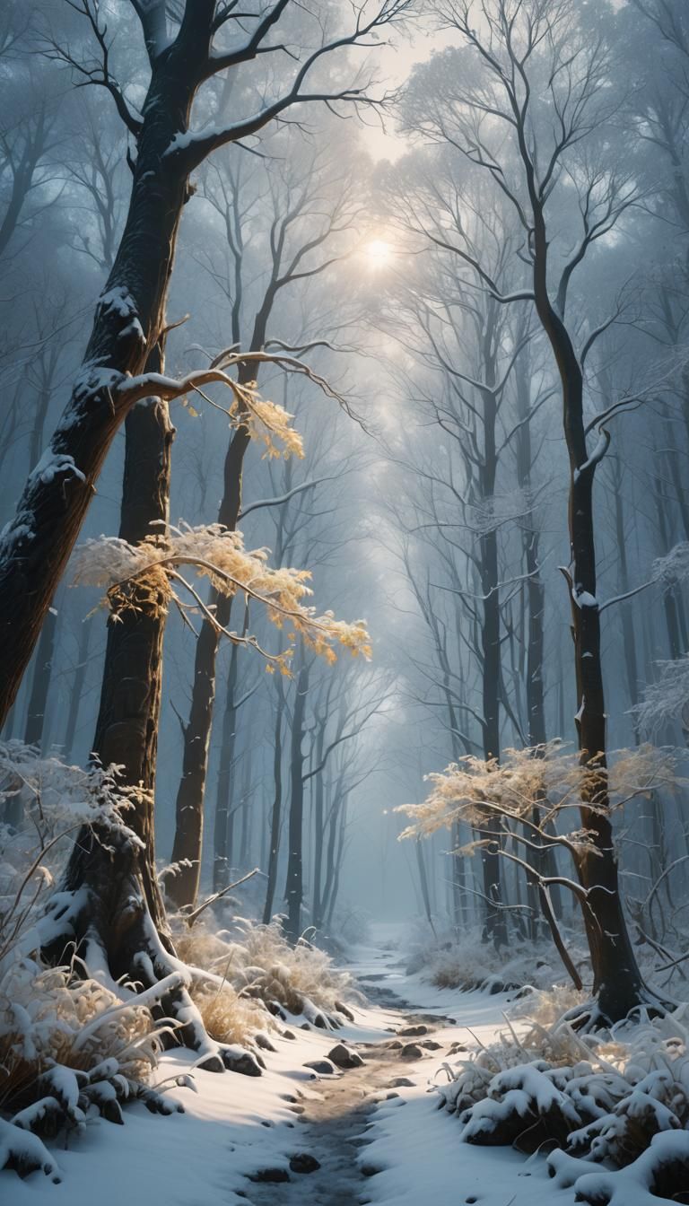 Mystical Forest Landscape in Snowfall