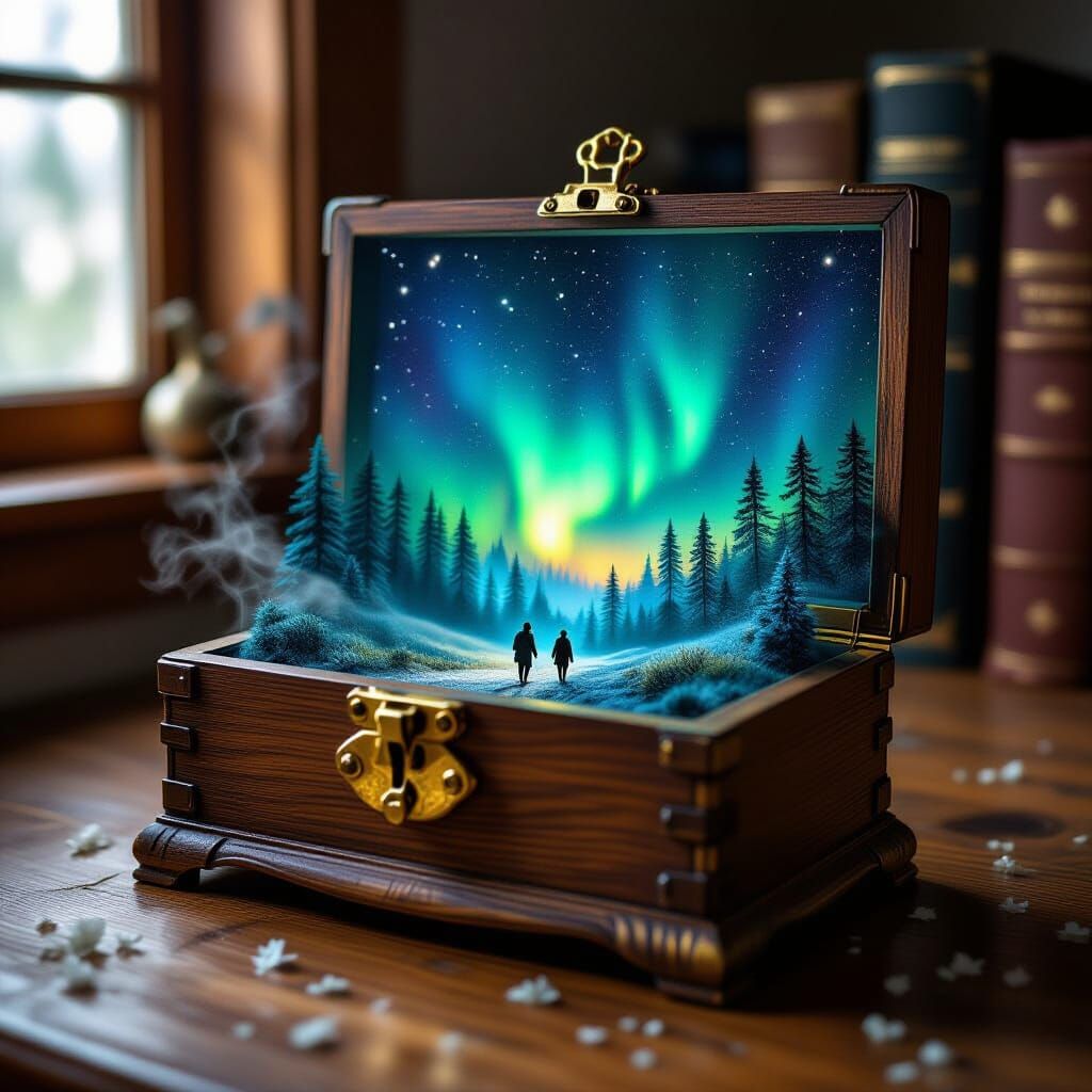Wooden Box Reveals Miniature Northern Lights Night Sky