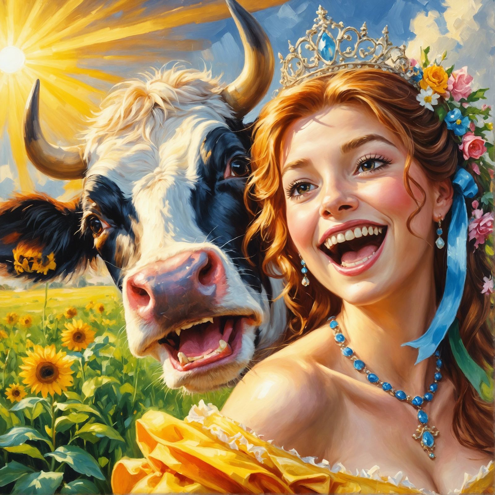Cow Princess Oil Painting in Sunlight