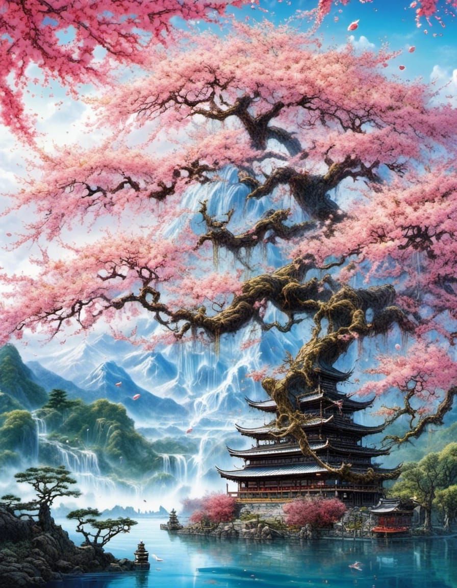 Sakura Tree by Lake in Fantasy Watercolor Style