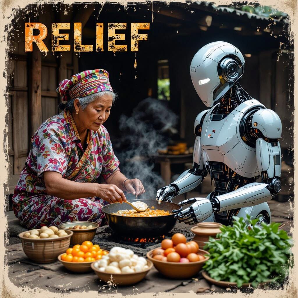 Elderly Woman Teaches Robot Authentic Cooking in Rustic Hut