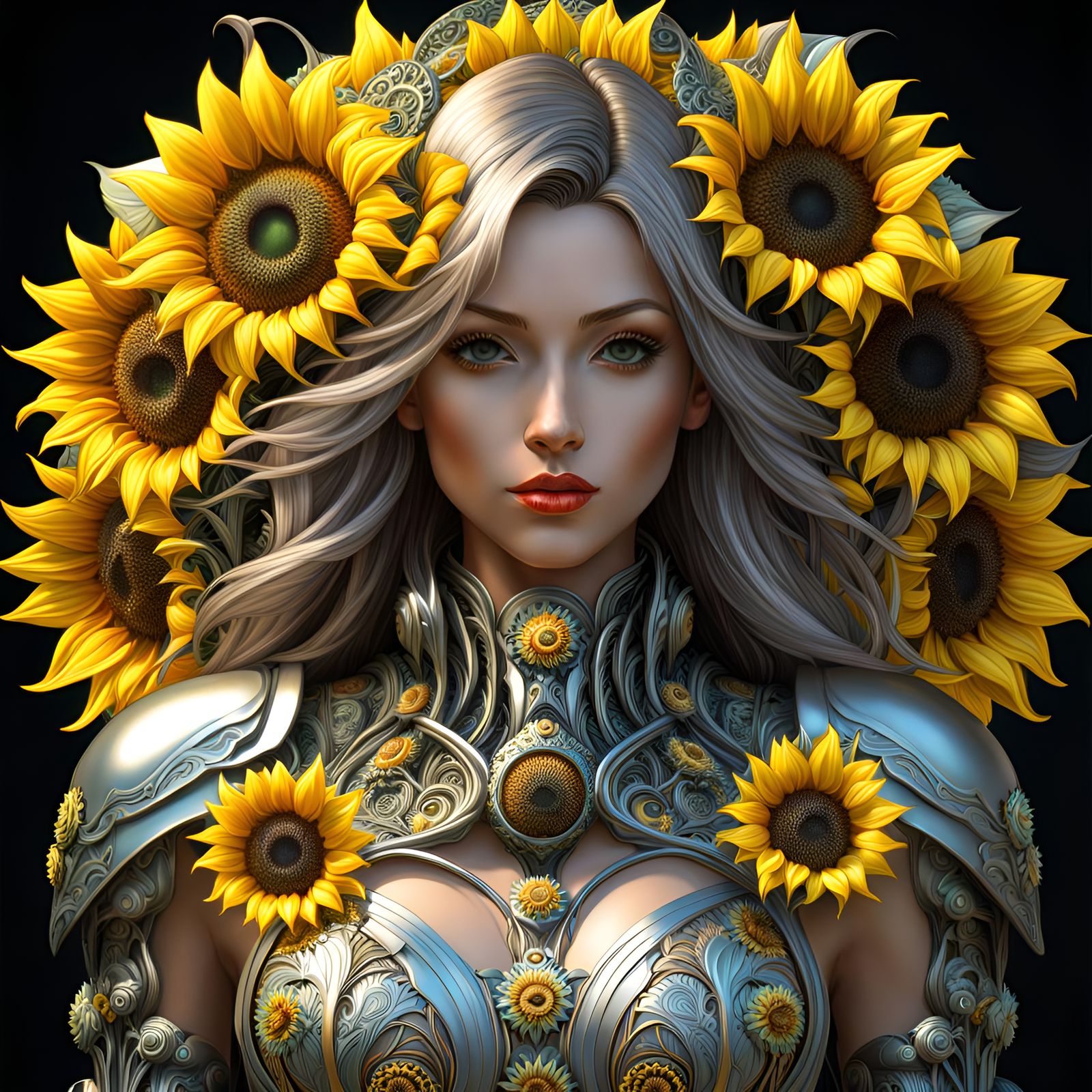 Steel Cyborg Woman with Sunflowers in Art Nouveau Style