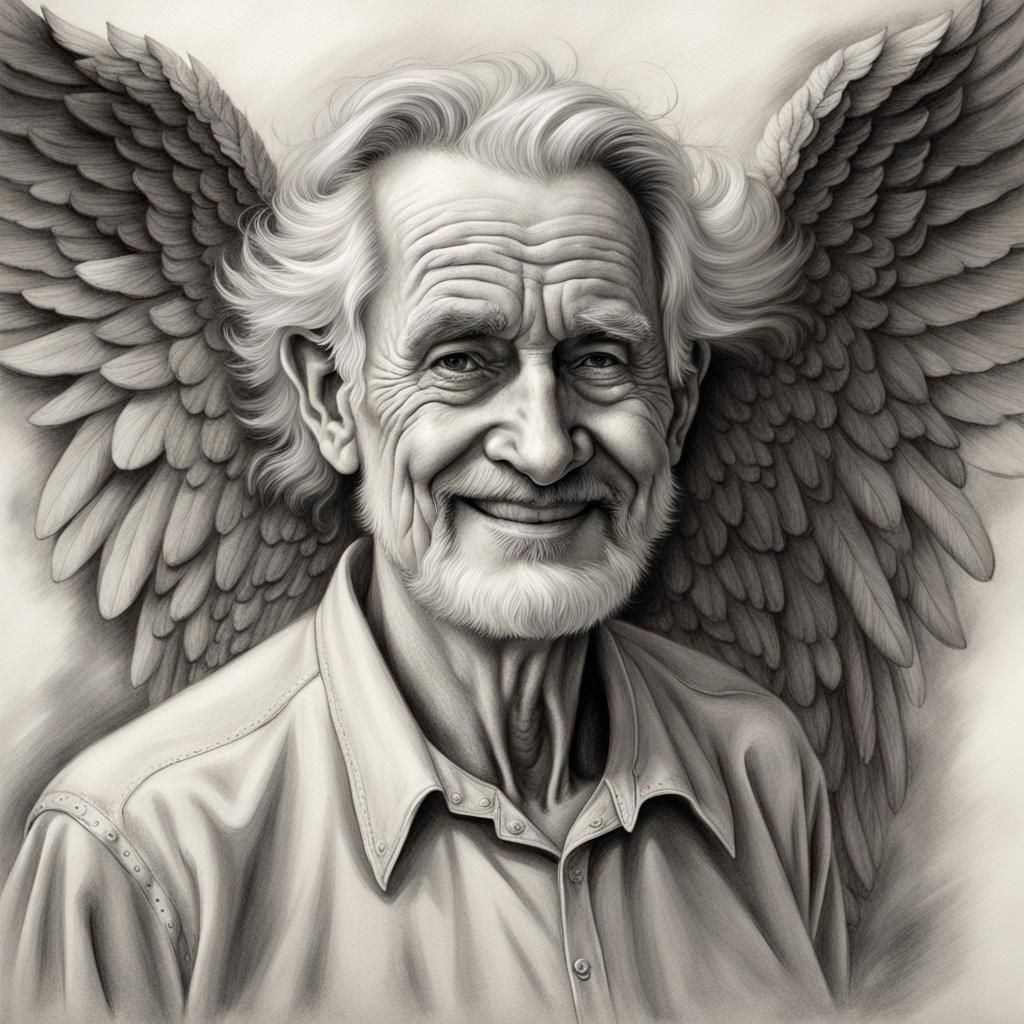 Old Man with Angel Wings: Charcoal Drawing