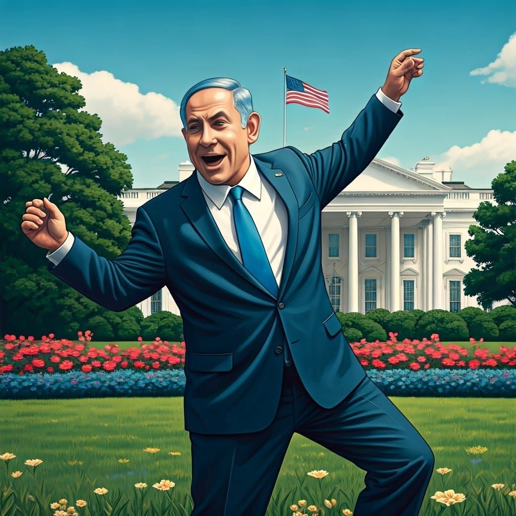Netanyahu Dancing Near White House in Mixed Art Style