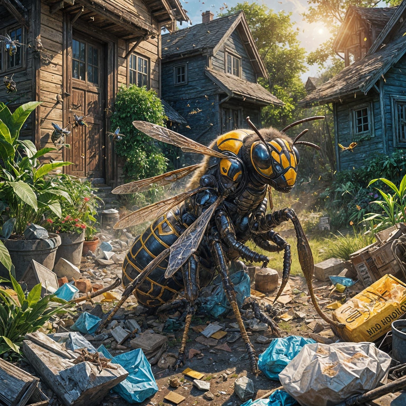 Giant Wasp Fumigating House: Detailed Matte Painting