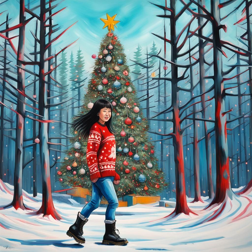 Christmas Tree Forest Graffiti Art of Asian Woman
