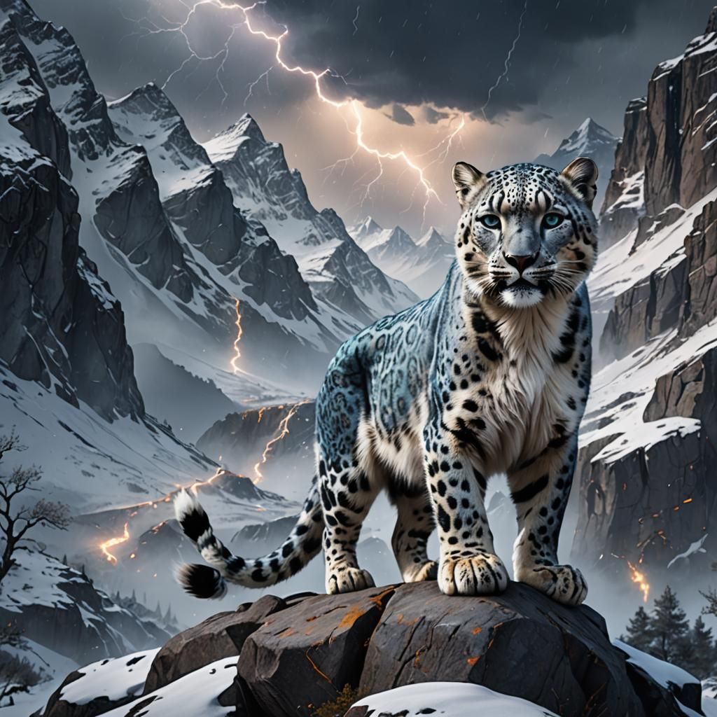 Blue Snow Leopard in Lightning Storm: Fantasy Art